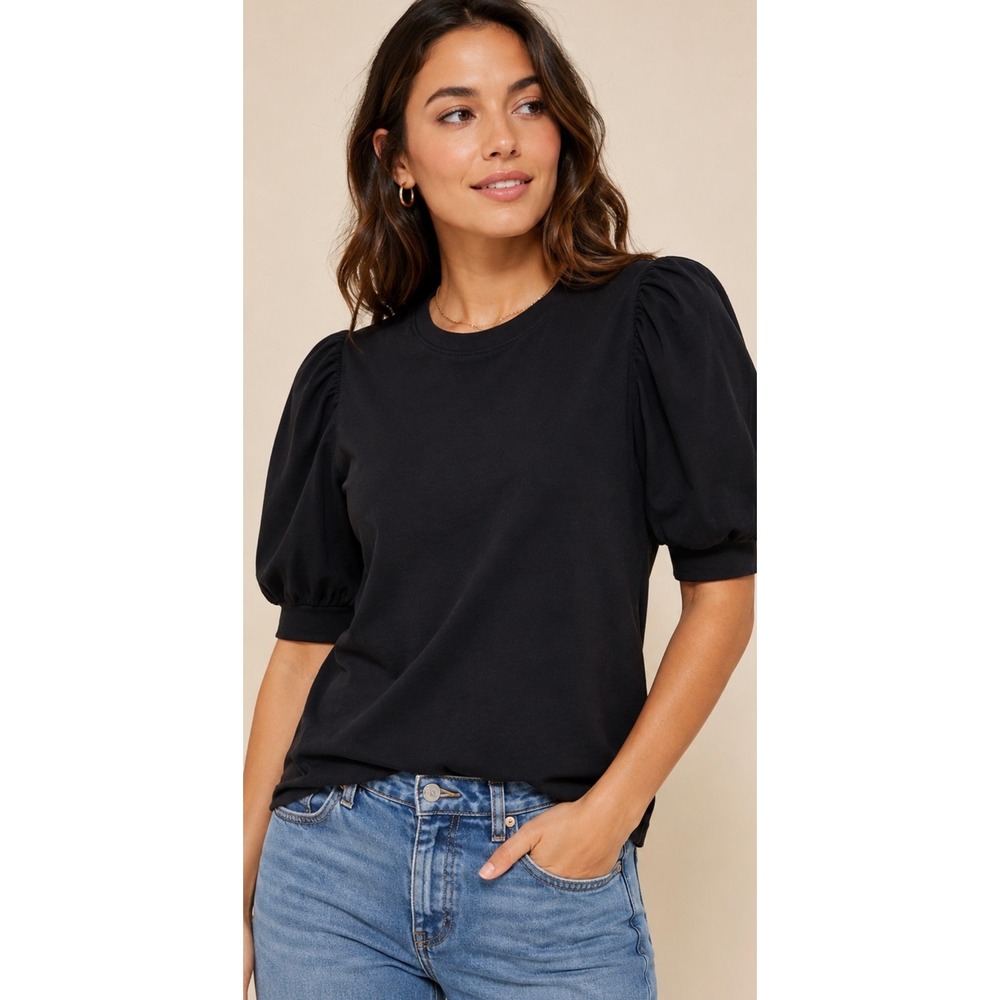 The Drop Women Black Puff Sleeve Crewneck T-Shirt Top Size S Small